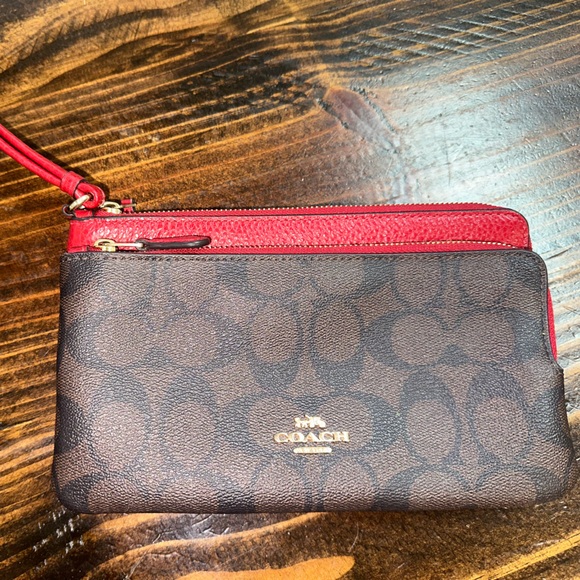 Coach Double Zip Signature Canvas Brown Red Wristlet Wallet C5576 - Picture 1 of 3